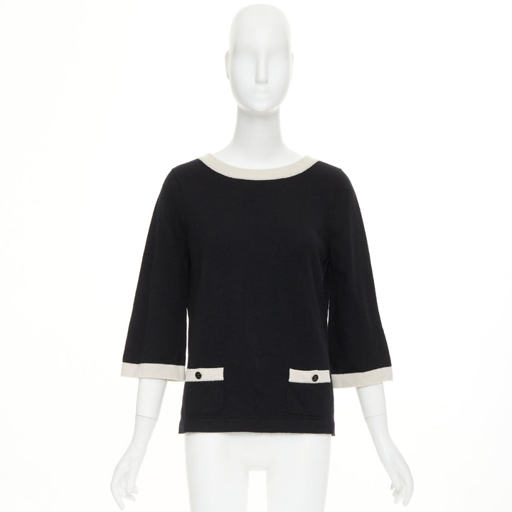 CHANEL black 100% cashmere white contrast trim CC button pocket pullover FR40 L