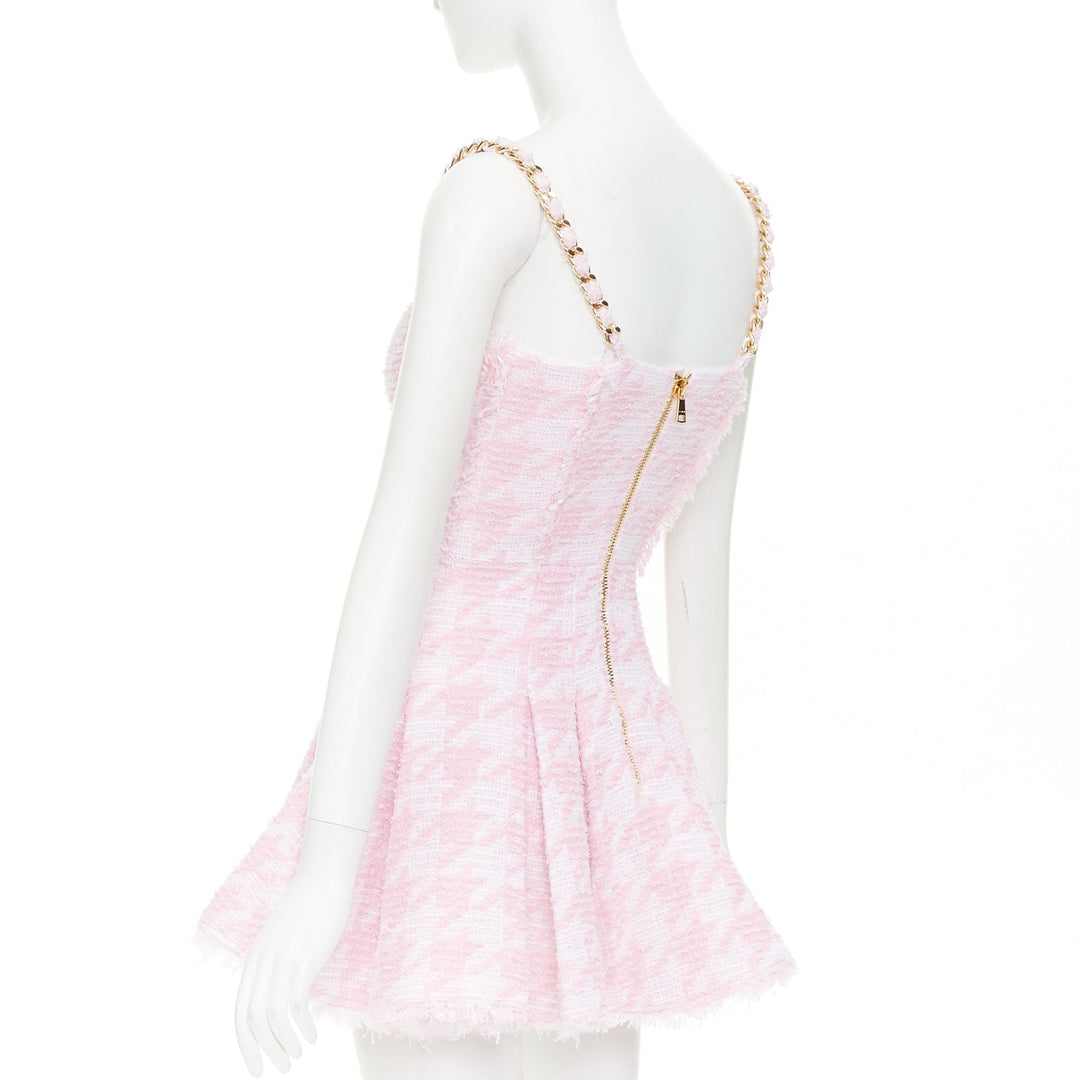 BALMAIN 2025 pink white houndstooth tweed flared min dress FR36 S Taylor Swift