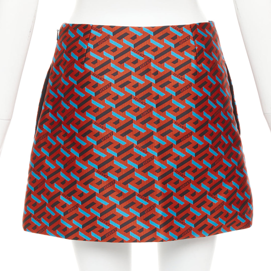 VERSACE 2021 La Greca red blue black logo geometric split mini skirt IT36 XXS