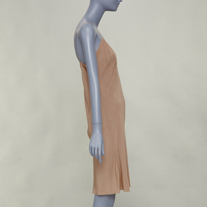 HERMES 100% silk nude spaghetti strap plunging mini slip lining dress FR40 L