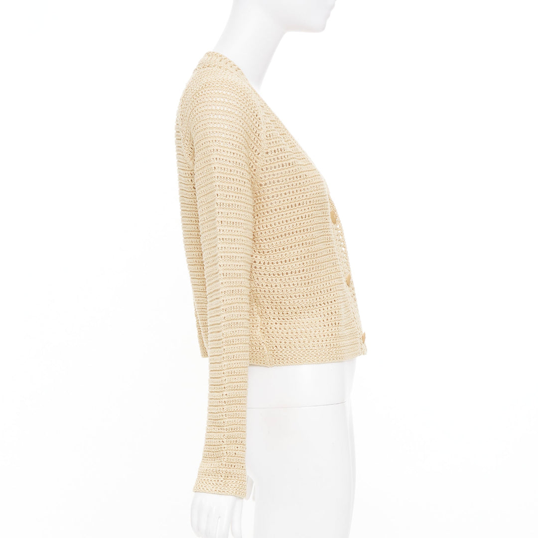 VINCE beige cream nude open work cotton mesh crochet knit button cardigan S