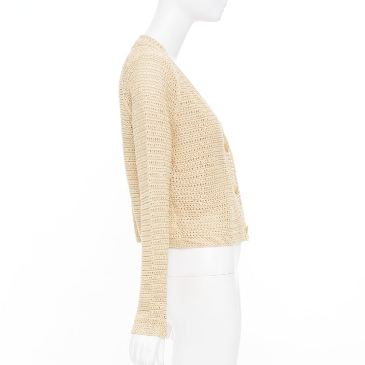 VINCE beige cream nude open work cotton mesh crochet knit button cardigan S
