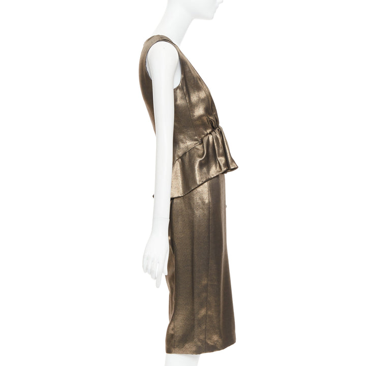 MOSCHINO rustic metallic gold draped peplum V-neck midi cocktail dress IT40 S