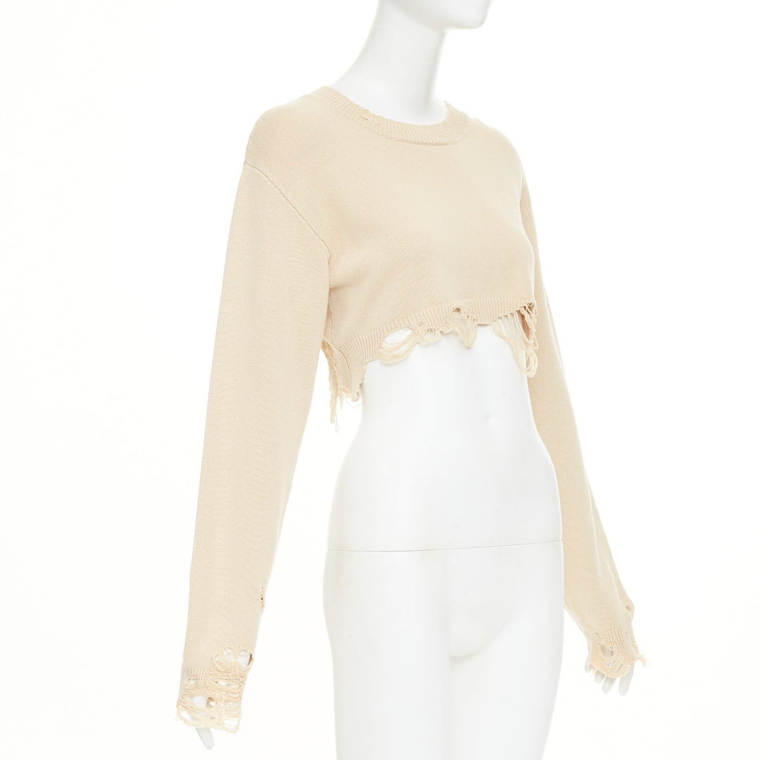 R13  2023 Destroyed Cropped Pullover khaki cotton distressed sweater S
