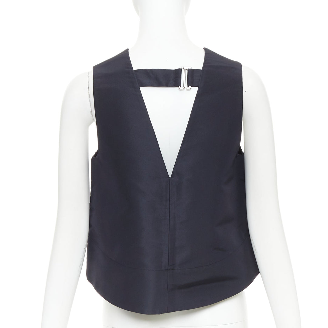 TIBI navy silk faille silver buckle strap back V neck crop top US0 XS