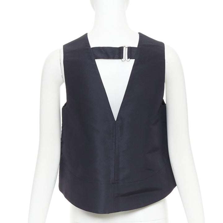 TIBI navy silk faille silver buckle strap back V neck crop top US0 XS