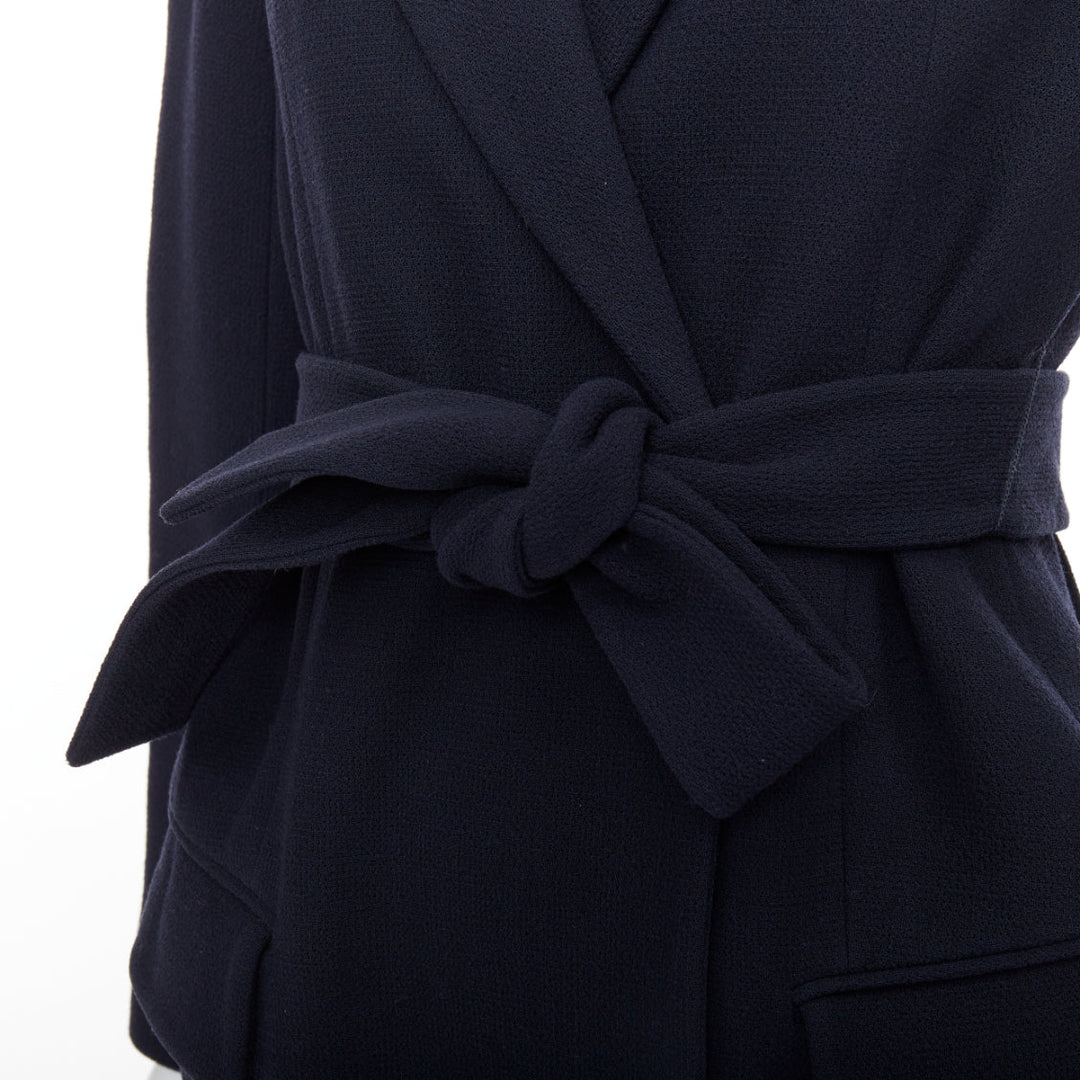 DIOR navy virgin wool silk lined pleated hem belted coat FR36 S
