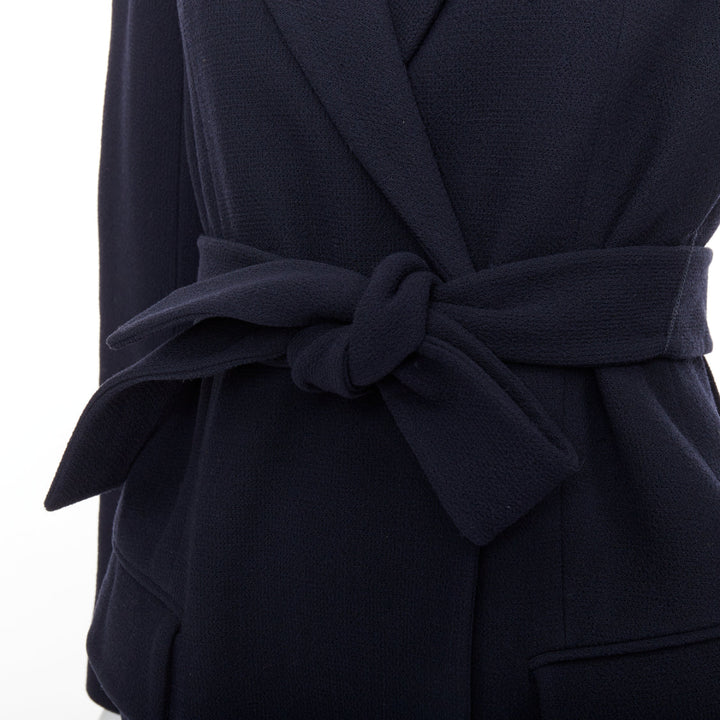 DIOR navy virgin wool silk lined pleated hem belted coat FR36 S