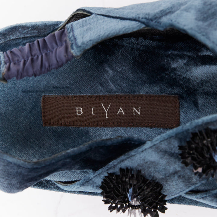 BIYAN blue velvet black beads sequin embellished platform wedges shoes EU39