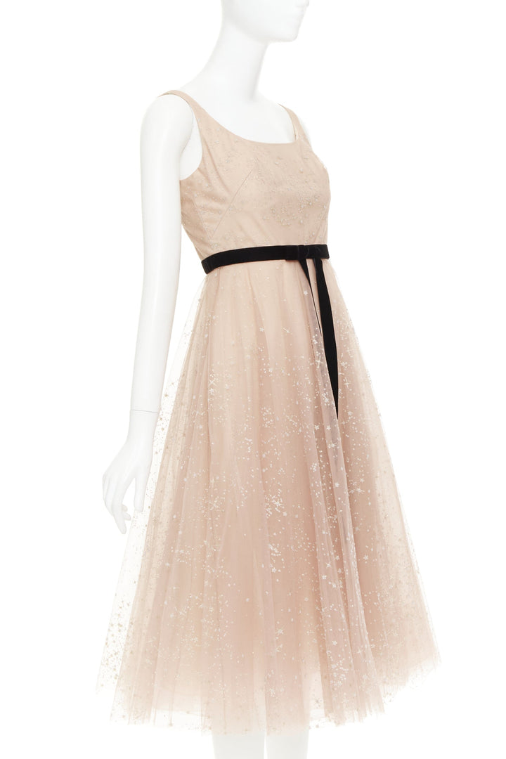 MARCHESA NOTTE blush pink glitter tulle black velvet bow tea length gown US2 S