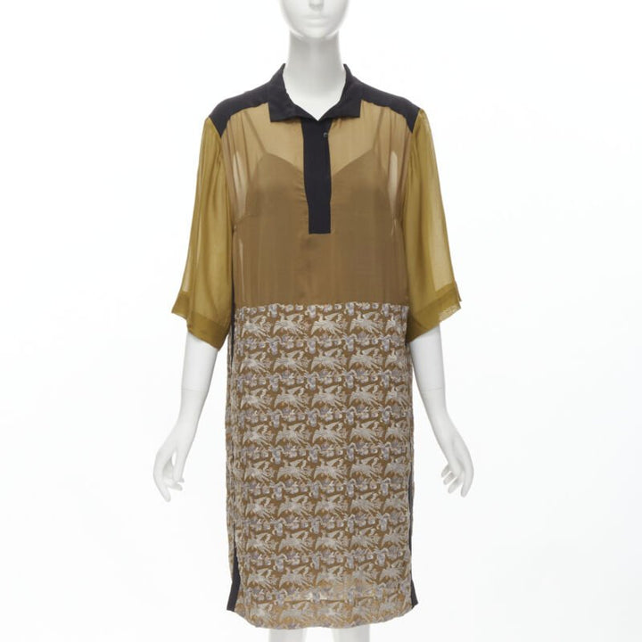 DRIES VAN NOTEN 2012 gold oriental crane embroidery shift dress FR36 S