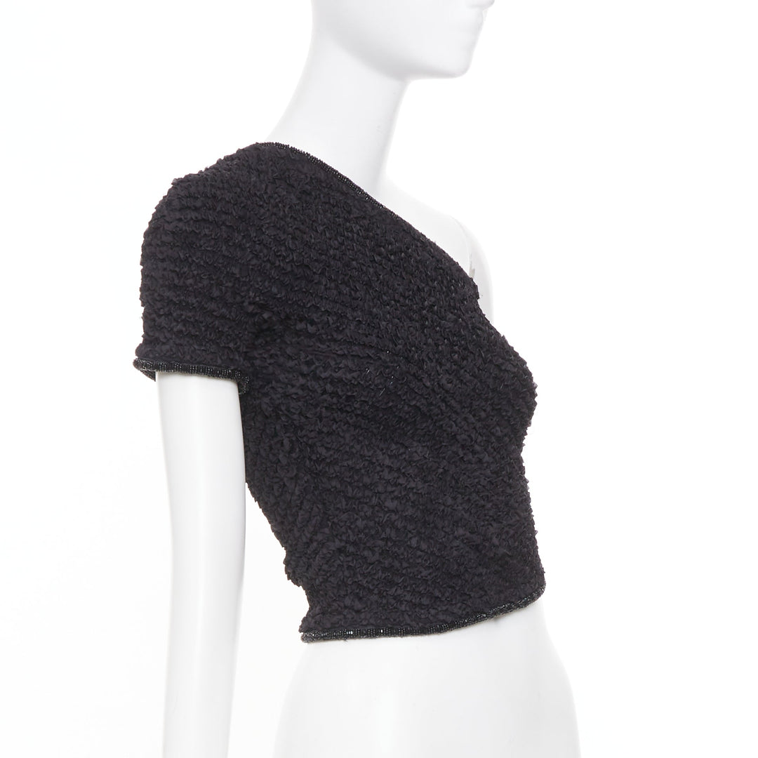 EMPORIO ARMANI 1999 Runway black shirred ruffle beaded asymmetric top IT38 XS