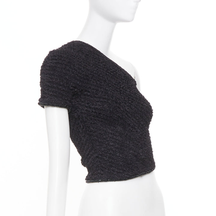EMPORIO ARMANI 1999 Runway black shirred ruffle beaded asymmetric top IT38 XS