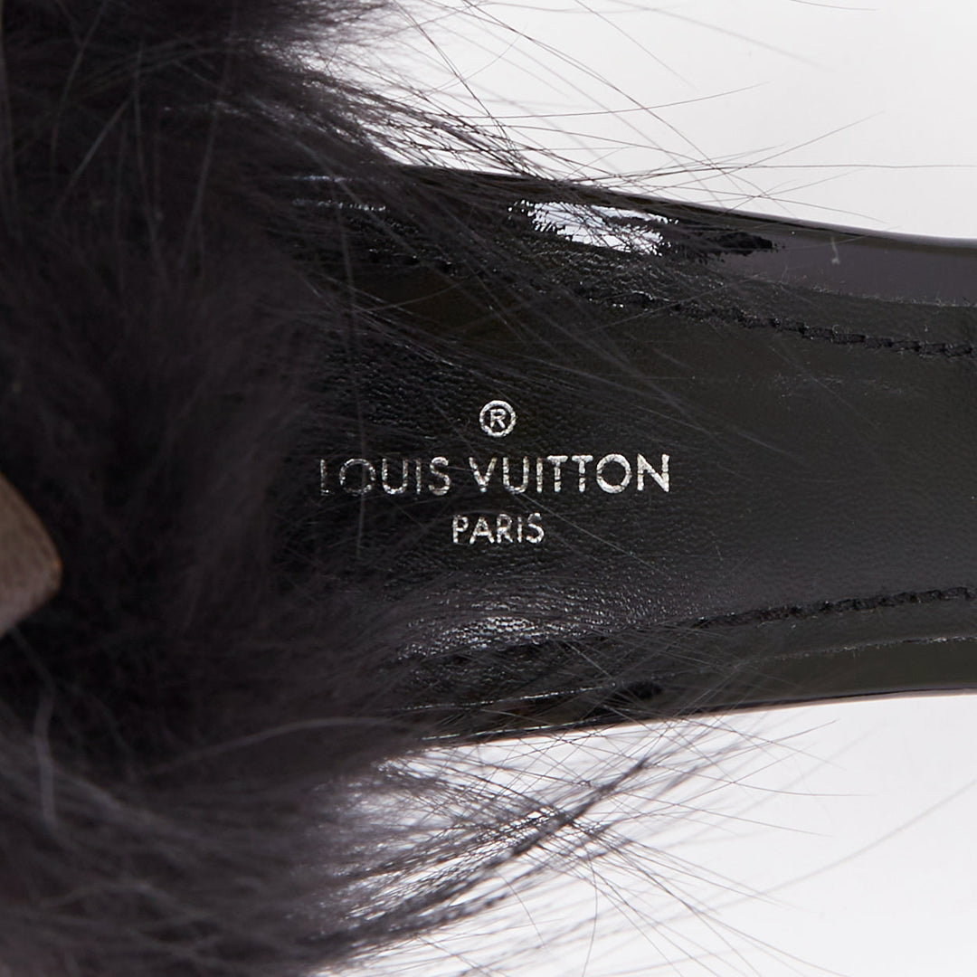 rare LOUIS VUITTON Call Back black patent fur trim LV ankle strap heels EU38.5