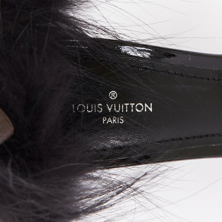 rare LOUIS VUITTON Call Back black patent fur trim LV ankle strap heels EU38.5