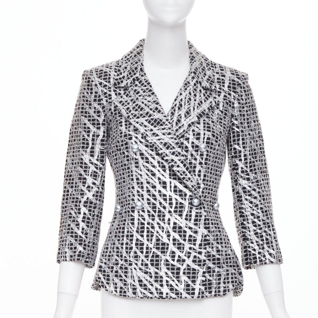 CHANEL 2012 Runway Silver Metallic Graffiti black check tweed jacket FR36 XS