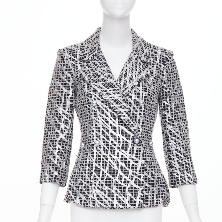 CHANEL 2012 Runway Silver Metallic Graffiti black check tweed jacket FR36 XS