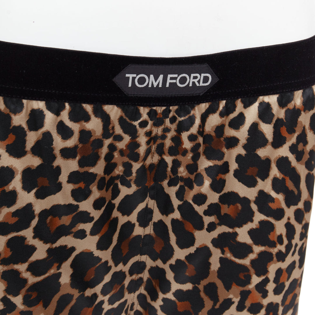 TOM FORD brown silk satin leopard print TF logo velvet trim shorts XS