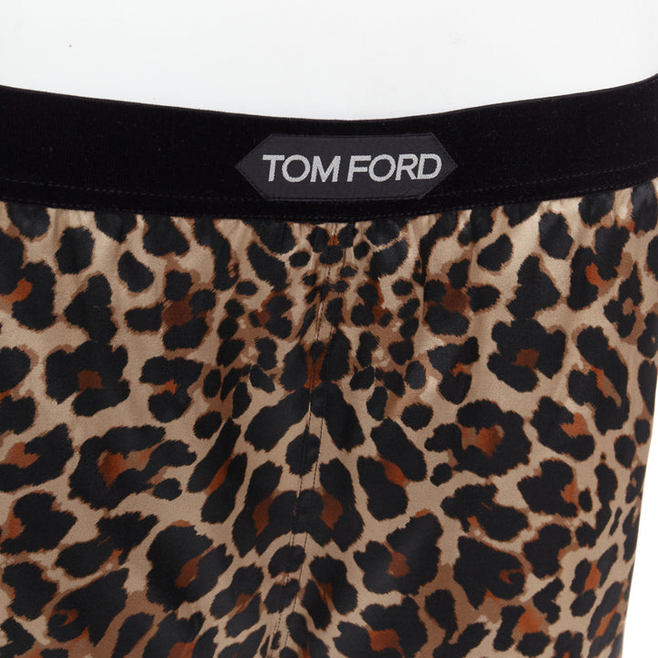 TOM FORD brown silk satin leopard print TF logo velvet trim shorts XS