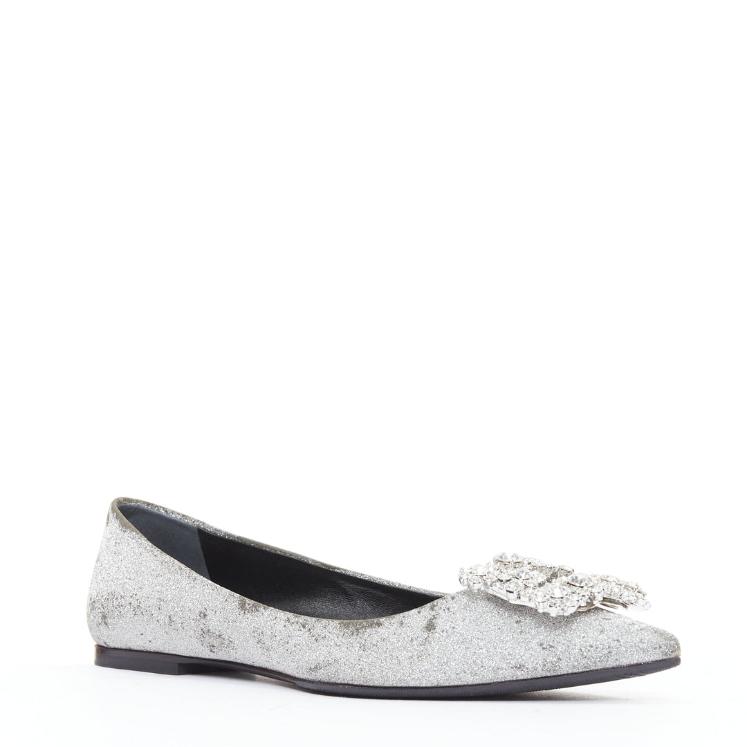 ROGER VIVIER silver glitter crystal buckle pointy toe ballerina flats EU37