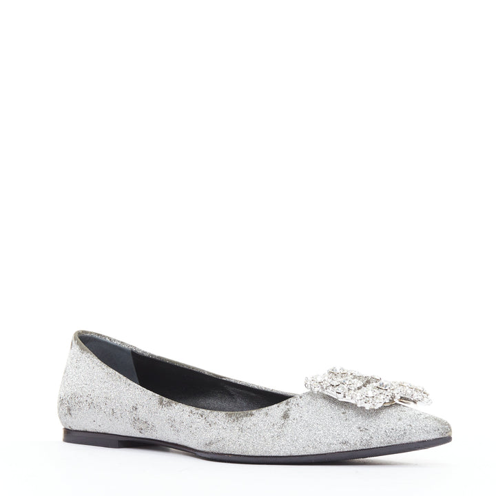 ROGER VIVIER silver glitter crystal buckle pointy toe ballerina flats EU37