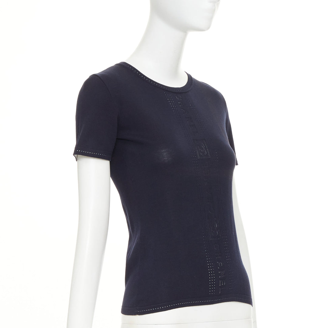 CHANEL SPORT 07C Vintage vertical logo intarsia knit short sleeve top FR34 XXS