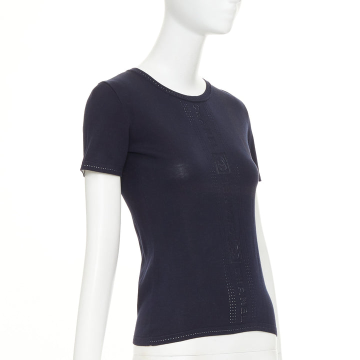 CHANEL SPORT 07C Vintage vertical logo intarsia knit short sleeve top FR34 XXS