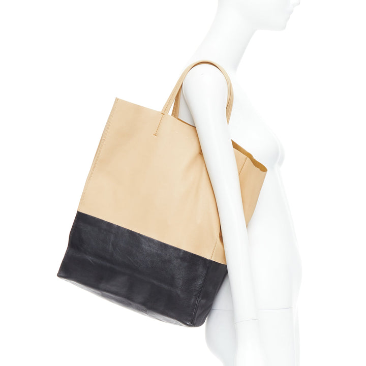 CELINE Cabas Vertical nude black leather bicolor soft tote bag