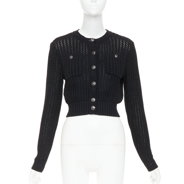 CHANEL 2019 La Pausa cotton linen CC buttons open knit cropped cardigan FR36 S