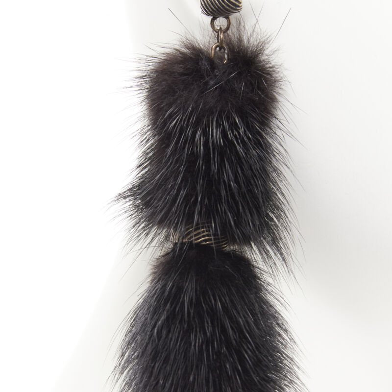 SAINT LAURENT Runway black mink fur tassel pierced statement earring