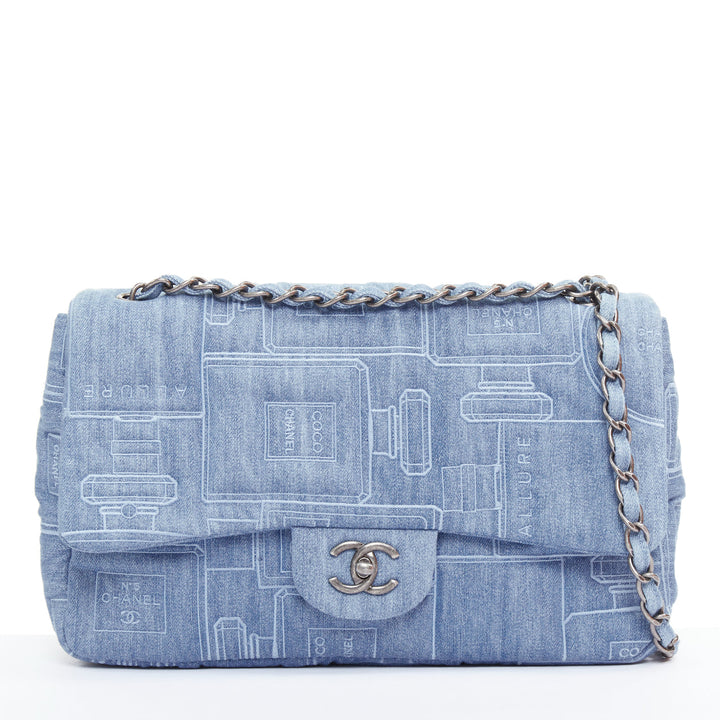 rare CHANEL 2016 Runway Perfume Bottle Embroidered Denim Jumbo Single Flap bag