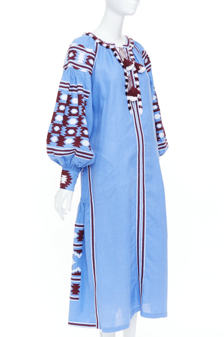 VITA KIN blue linen red folk ethnic embroidery boho peasant kaftan dress S/D