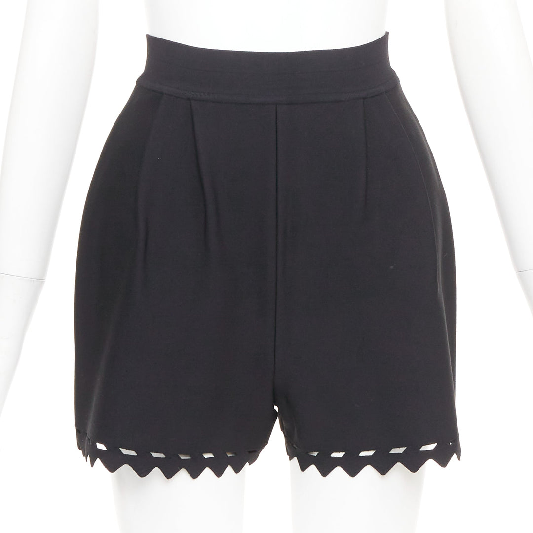 ALAIA black laser cut out high waist scallop edge knit pleated shorts FR36 S