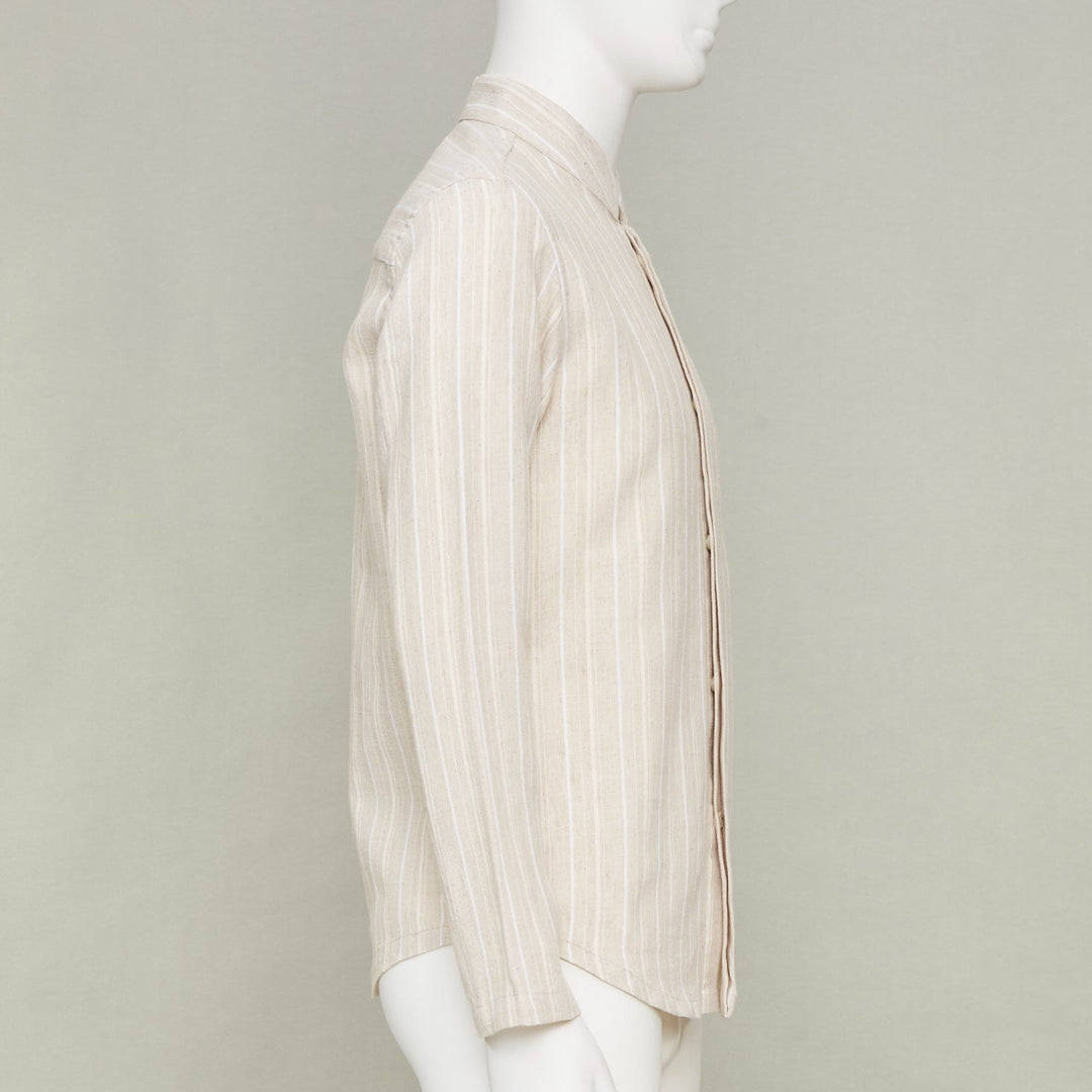 ADAMO beige vertical stripe mandarin collar button up long sleeve shirt M