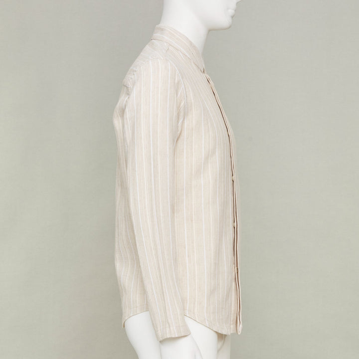 ADAMO beige vertical stripe mandarin collar button up long sleeve shirt M
