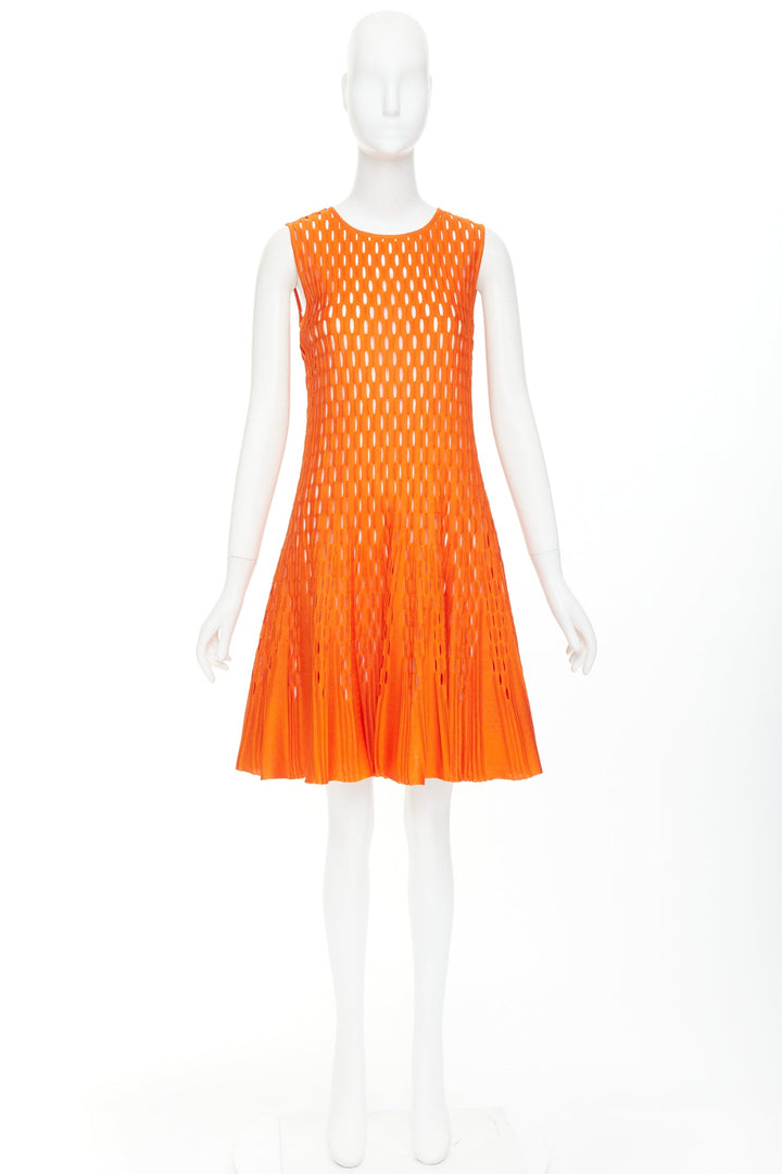 DIOR orange viscose blend perforated knit cream silk line fit flare dress FR38 M