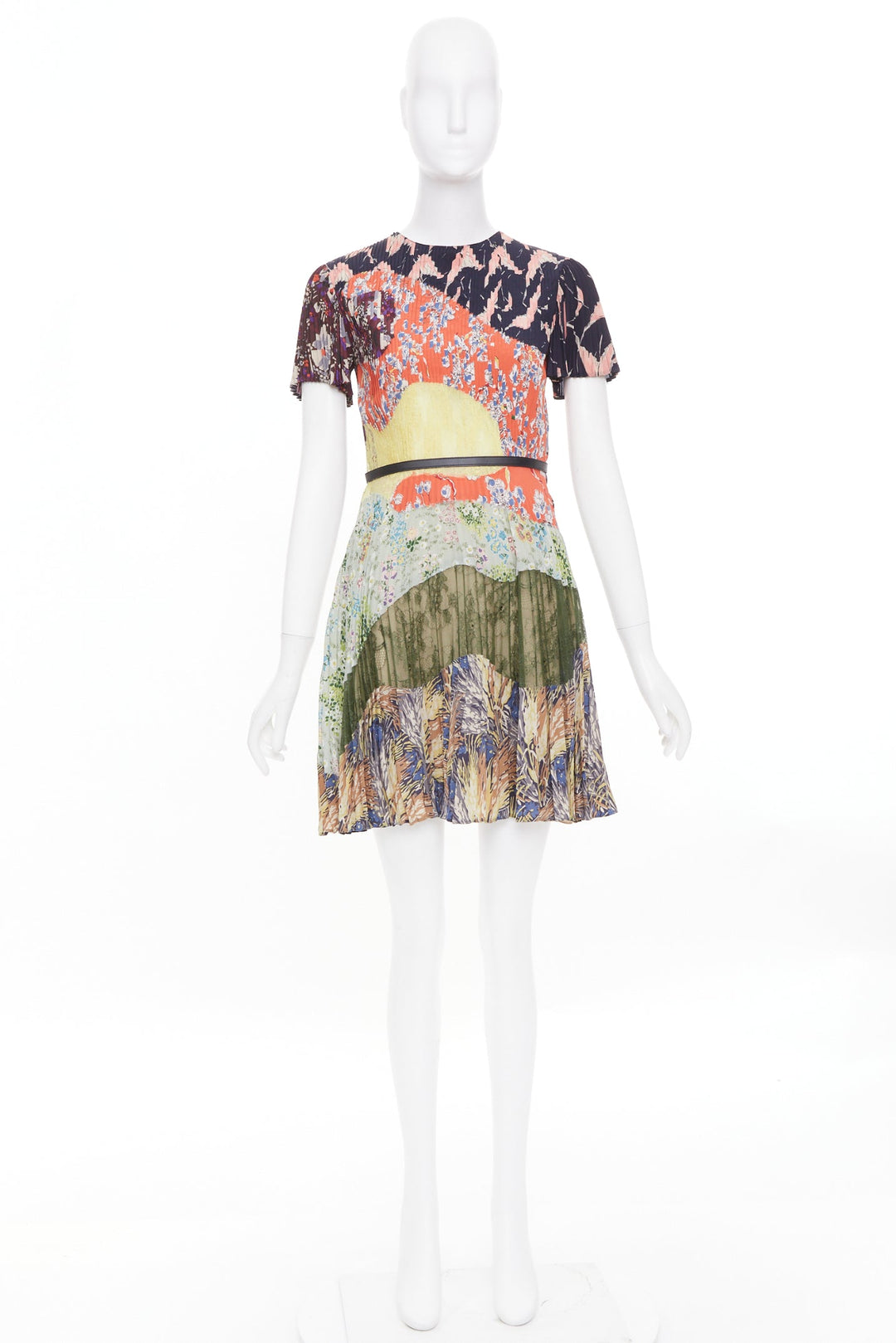 VALENTINO multicolor graphic print leather trim pleated lace insert dress IT40 S