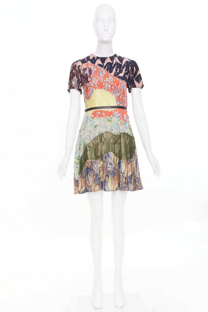 VALENTINO multicolor graphic print leather trim pleated lace insert dress IT40 S