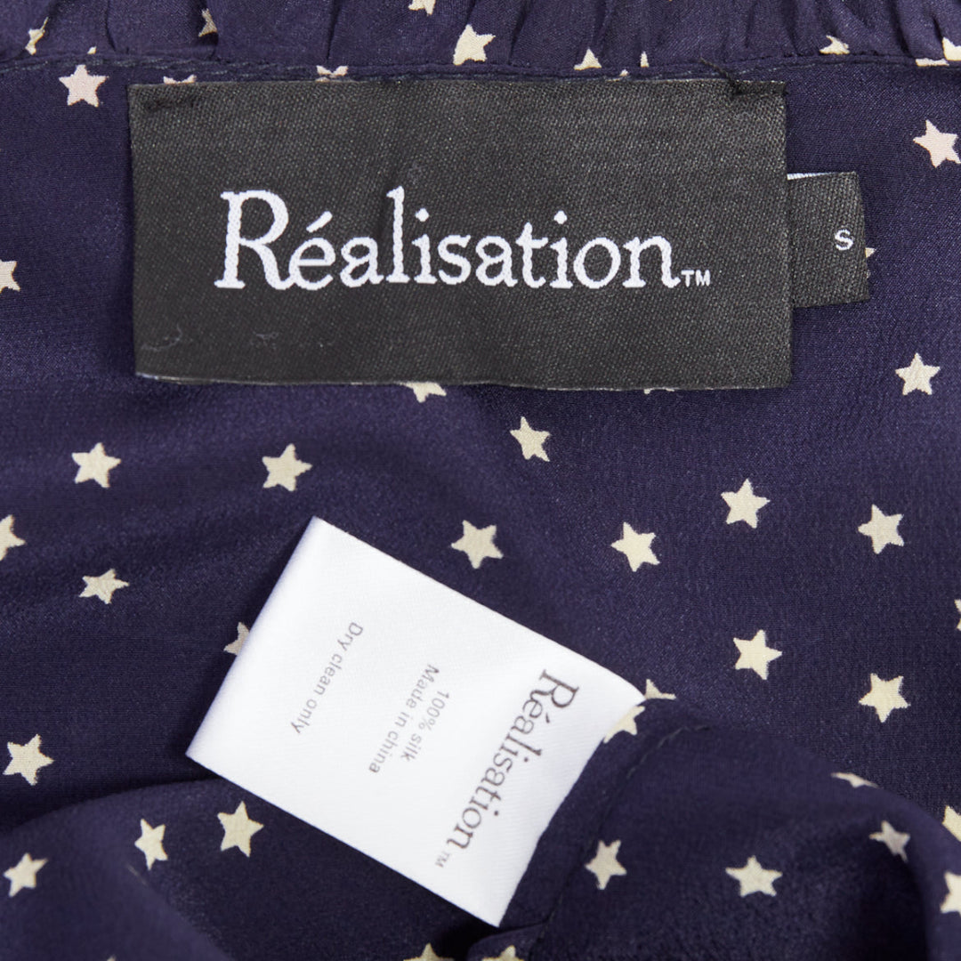 REALISATION Alexandra 100% silk navy white star print wrap tie mini dress S