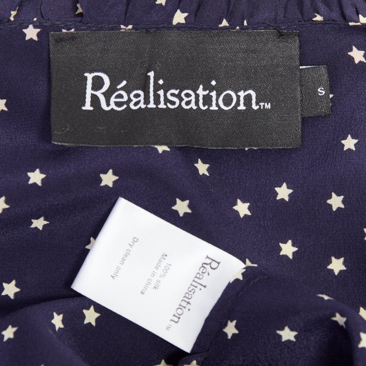 REALISATION Alexandra 100% silk navy white star print wrap tie mini dress S