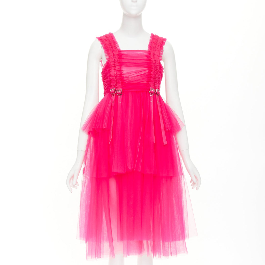NOIR KEI NINOMIYA 2022 hot pink ruffle ruched front silver buckle dress XS