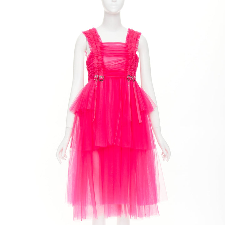 NOIR KEI NINOMIYA 2022 hot pink ruffle ruched front silver buckle dress XS