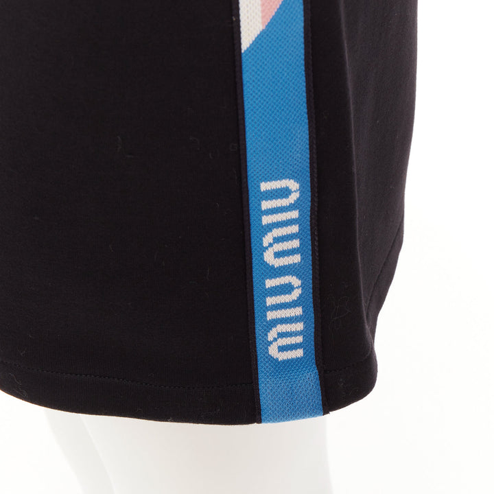 MIU MIU 2019 black cotton jersey blue logo sporty stripe drawstring skirt XS