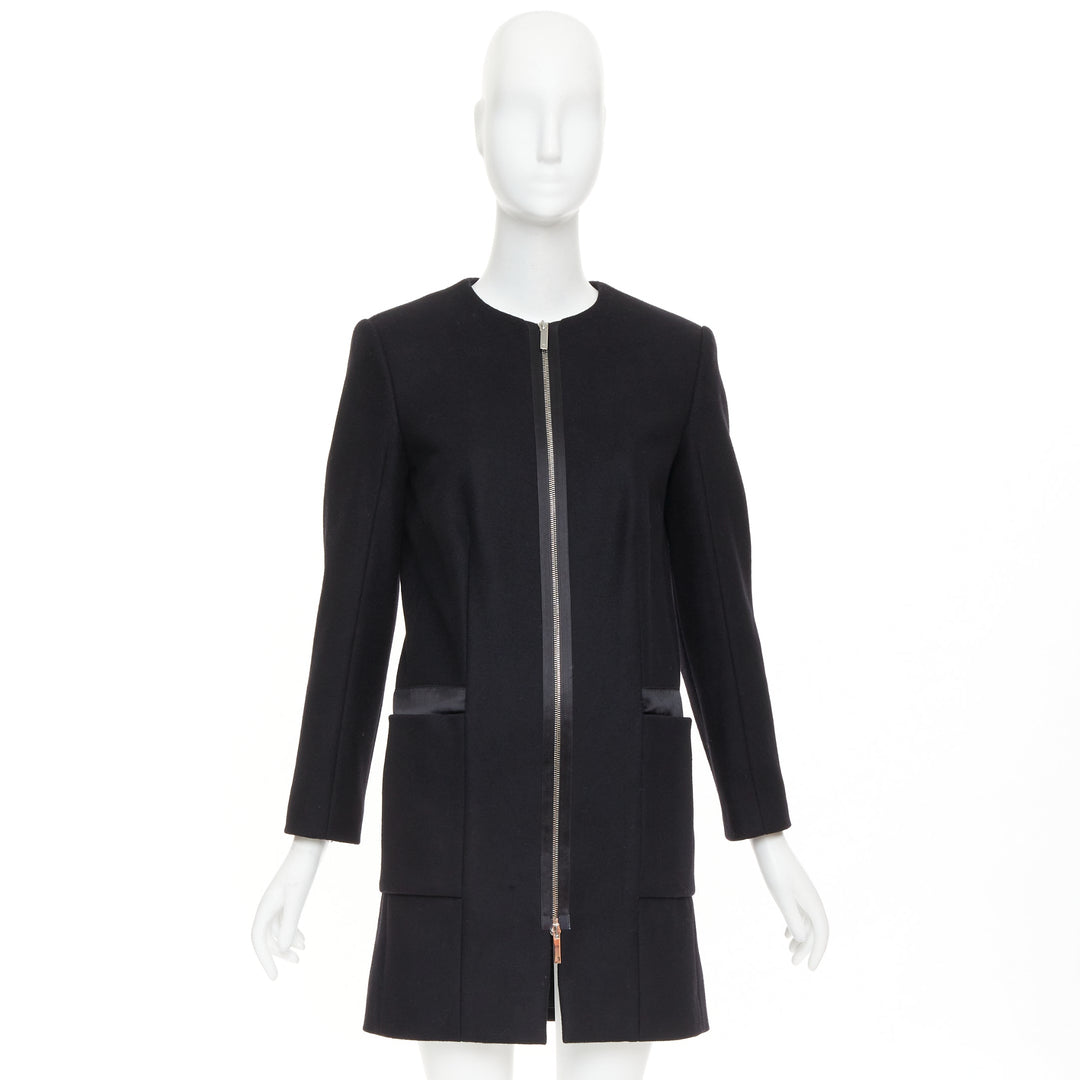 THE ROW black virgin wool blend collarless zip long coat US2 S