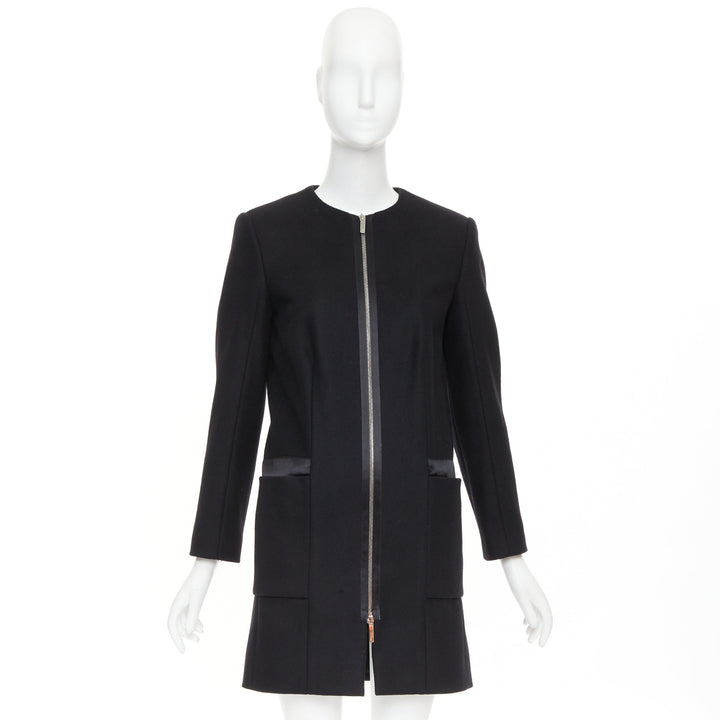 THE ROW black virgin wool blend collarless zip long coat US2 S