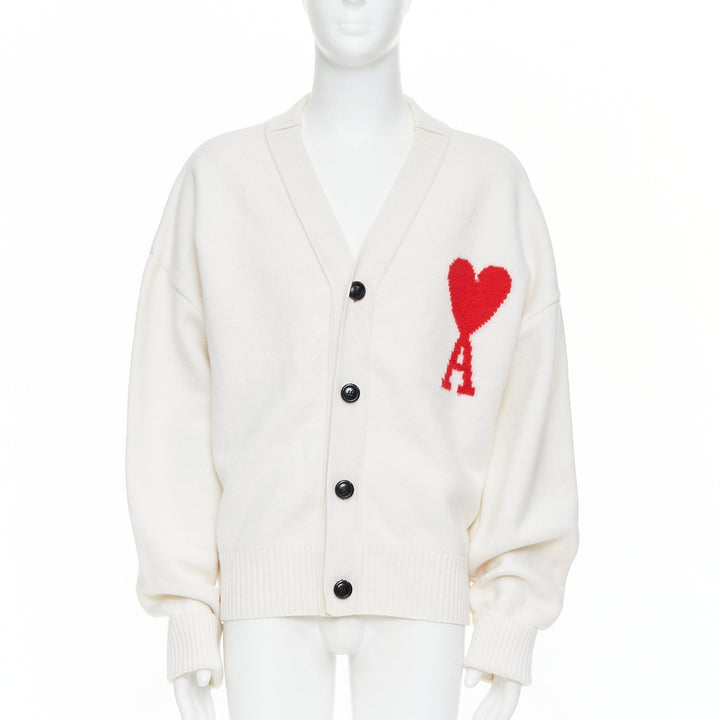 AMI De Coeur cream virgin wool heart logo buttoned cardigan XL