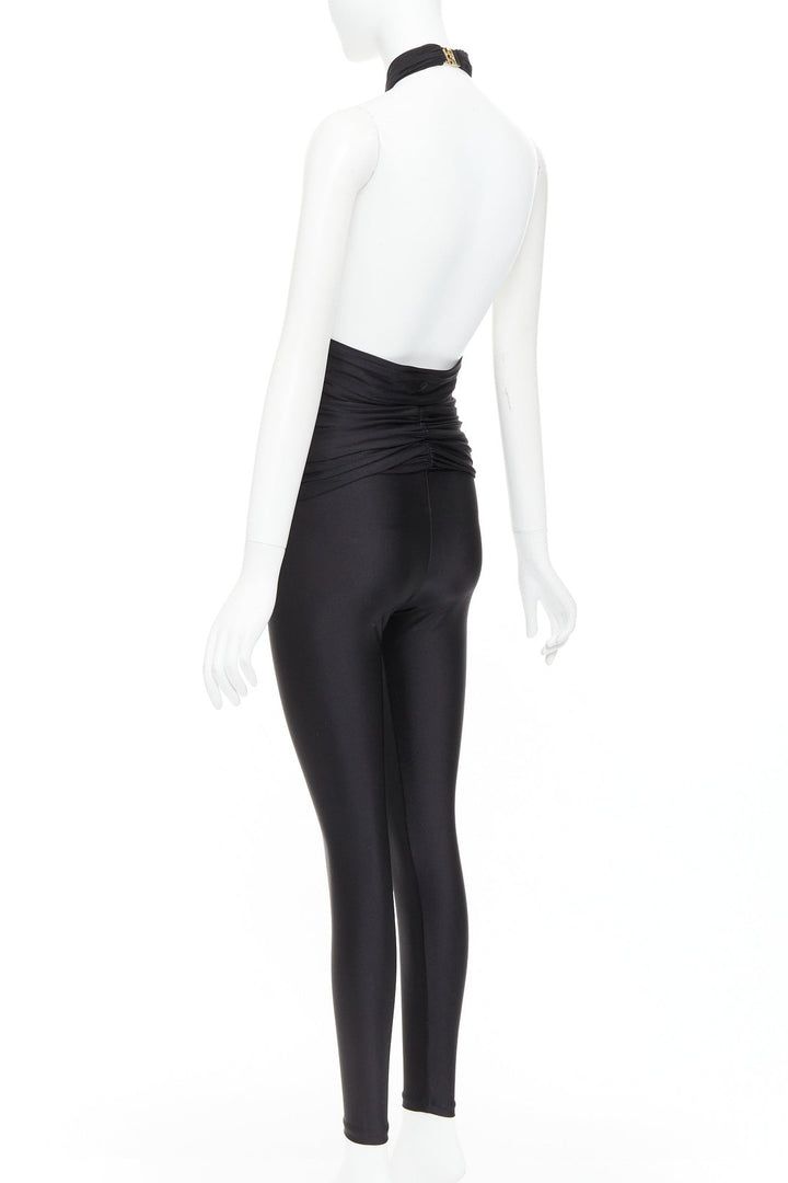SAINT LAURENT 2022 Runway black gold metal brooch halter cutout jumpsuit Sz.1 XS