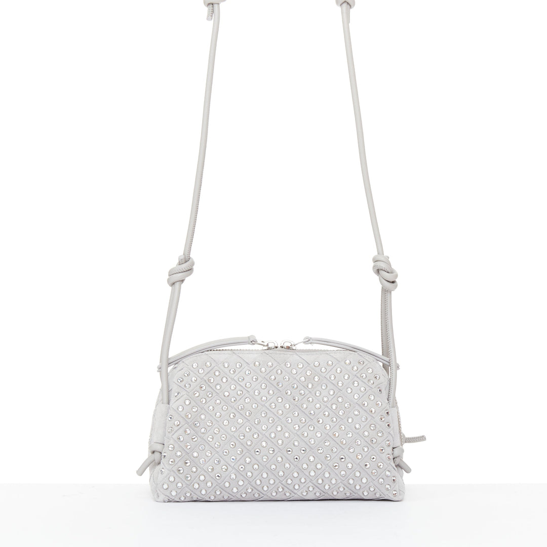 BOTTEGA VENETA 2024 Concert Pouch grey suede strass intrecciato woven bag