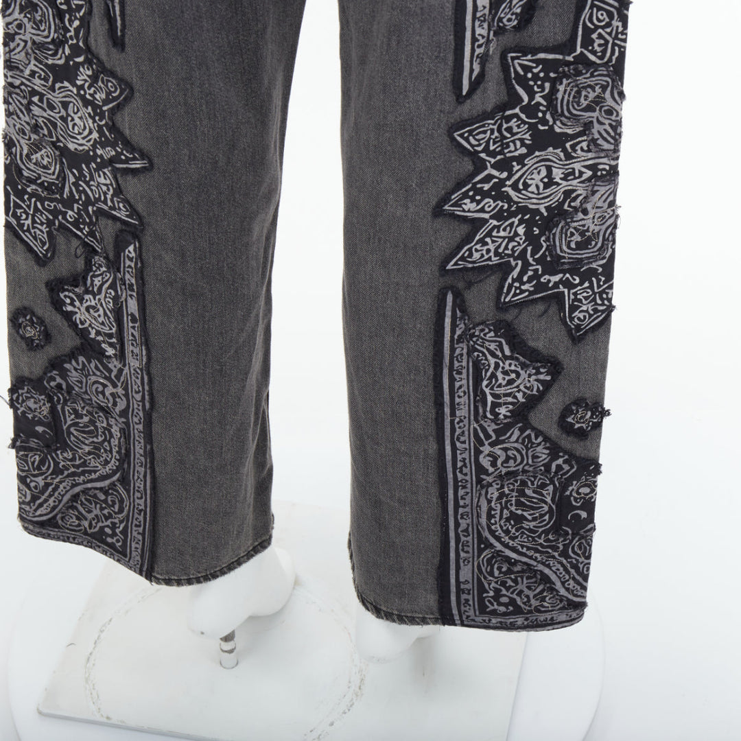 R13 2024 Venti black paisley raw hem drop crotch loose boyfriend jeans 23"