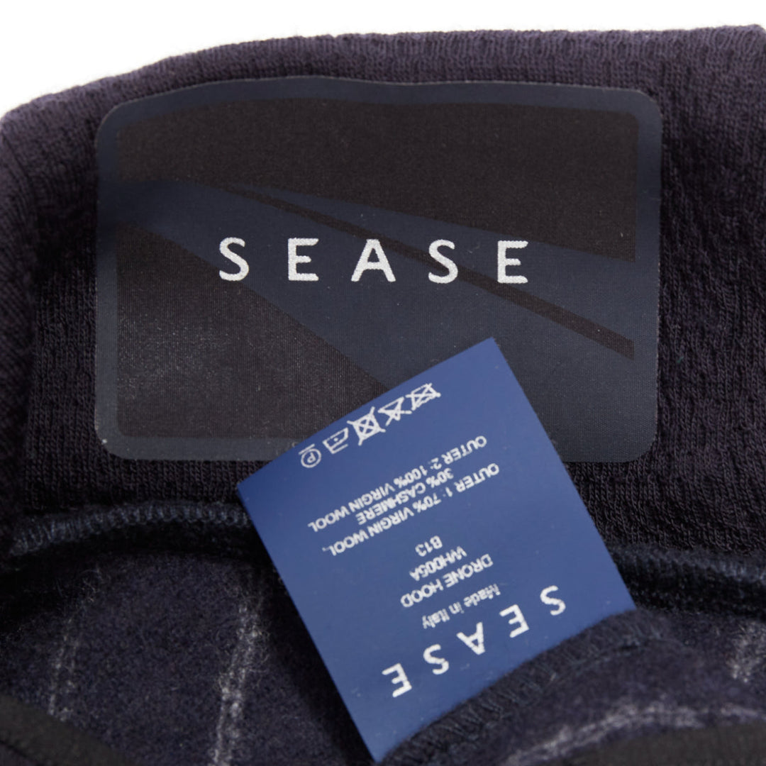 SEASE Drone Hood navy virgin wool cashmere pinstripe trimmed hoodie S